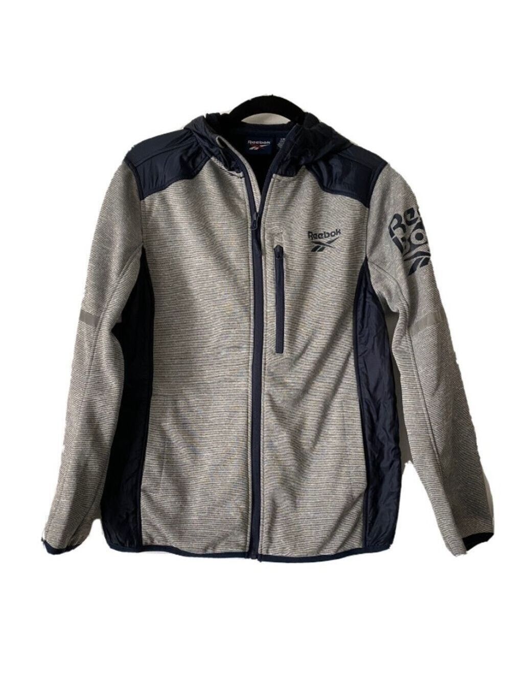 Reebok Boys Jacket Navy & Gray Stretch Jacket Hooded Zip Pockets Sz Large 14-16.